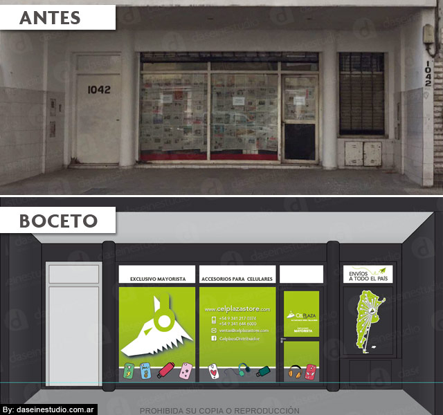 Diseño de vidriera en Rosario - local Mitre 1042 - Antes y después