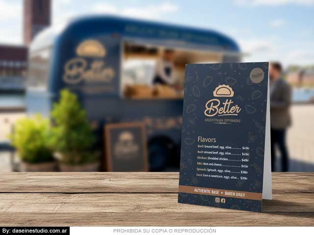 Menú para mesa con sabores de empanadas: Better Empanadas. Diseño de menú autoportante para fastfood de Empanadas Argentinas en Oslo Noruega